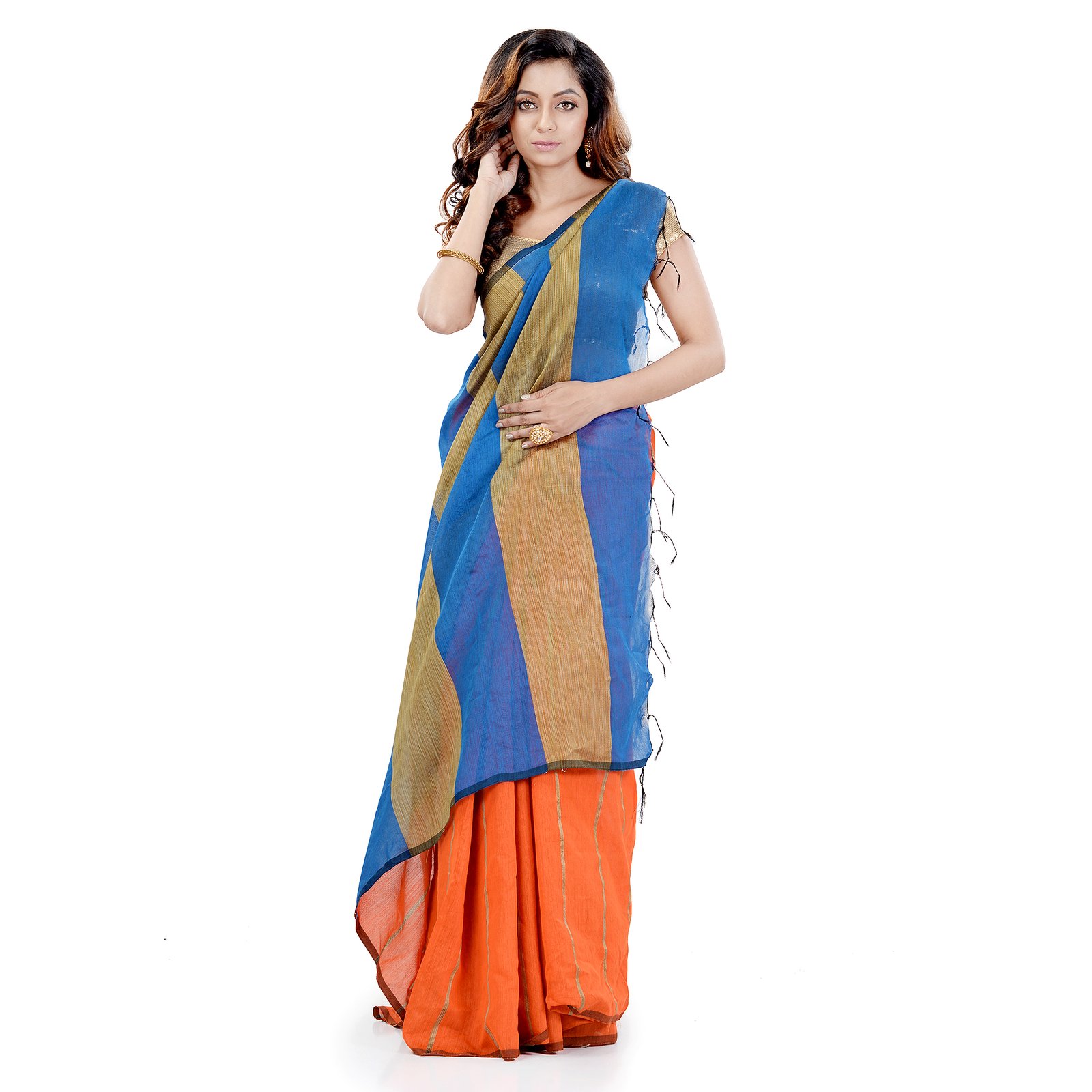 DESH BIDESH Women`s Bengal Handloom Cotton Silk Saree With Blouse Piece (Orange Blue)